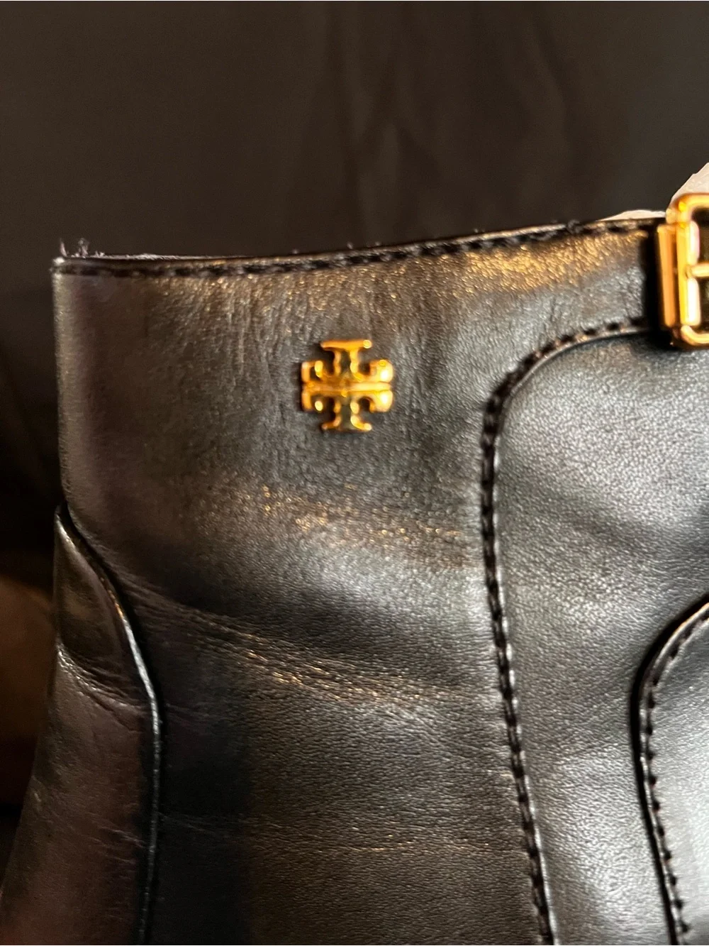 Tory Burch Black Leather Ankle Boots with Gold Logo